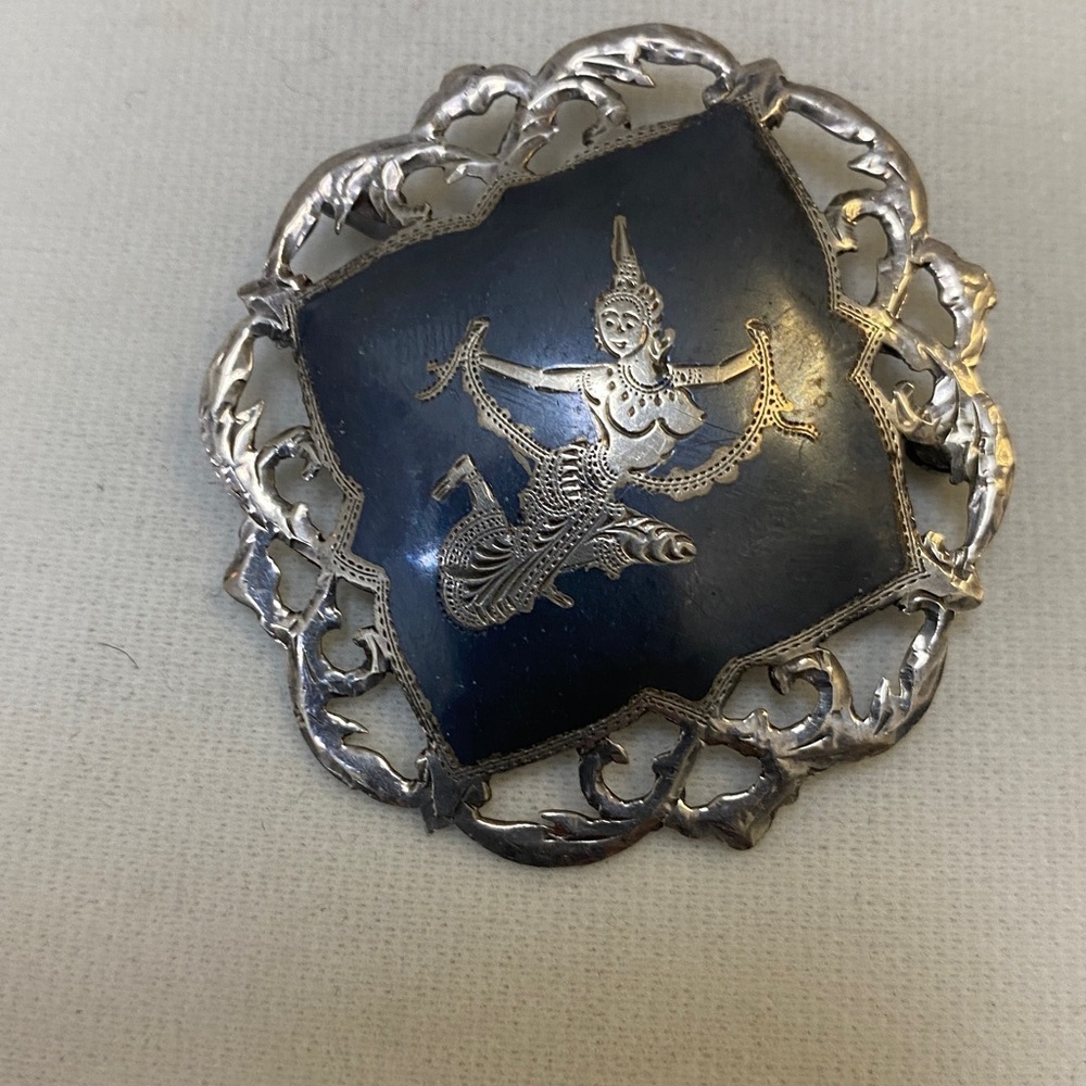 vintage Siam sterling silver niello brooch, featuring a dancer or goddess